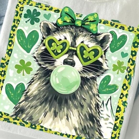 Cute Racoon St Patrick's Day Shirt, Luck Shamrock Racoon Art Trend - Picture 2 of 3